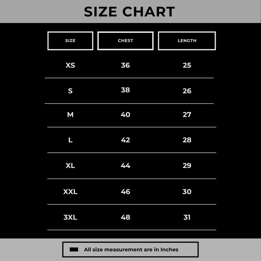 Size chart for clothing with measurements in inches