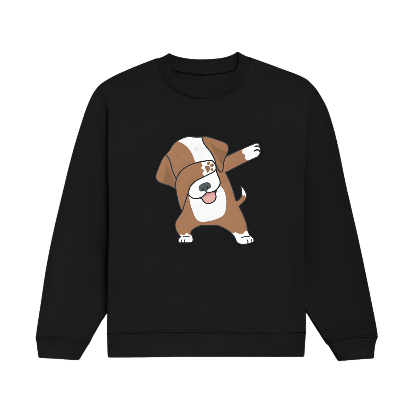 Black sweatshirt with a cartoon dog design on a white background