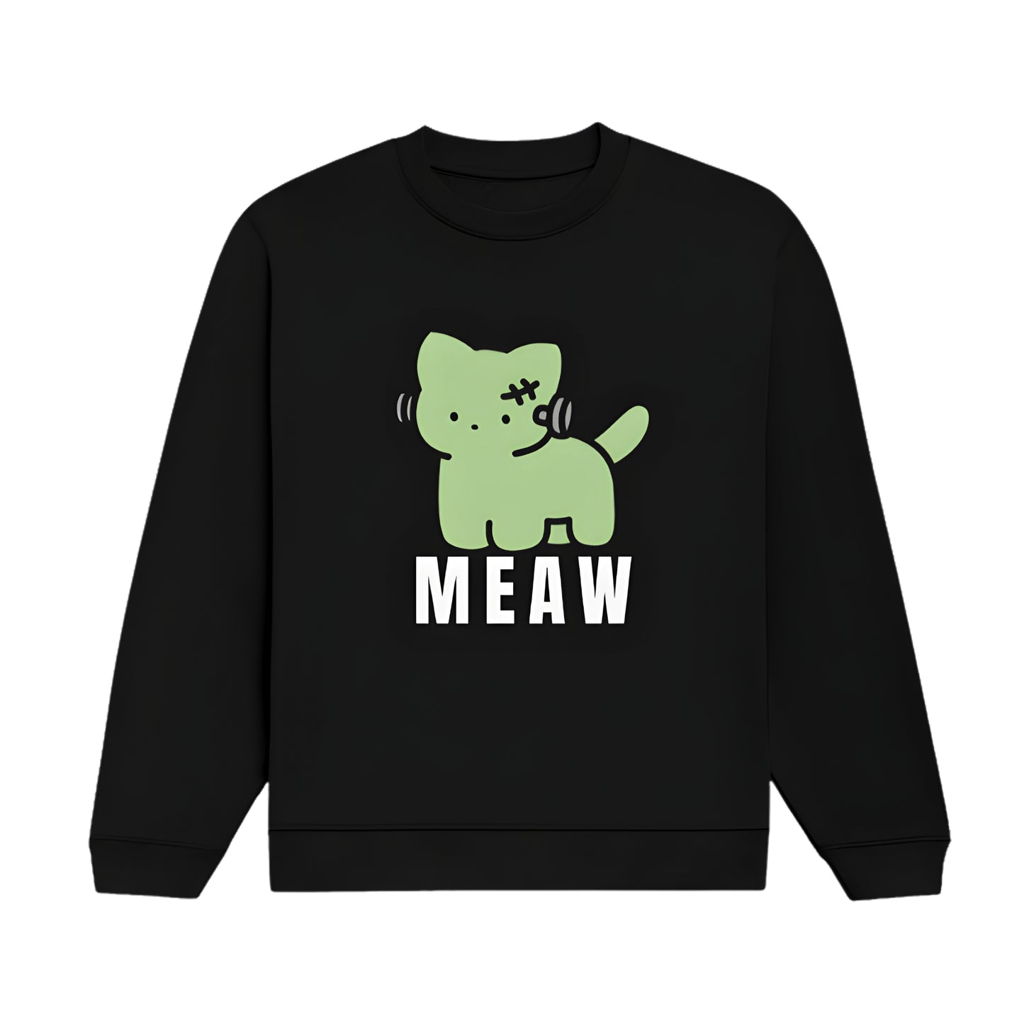 Black sweatshirt with a green cat graphic and 'MEOW' text on a white background