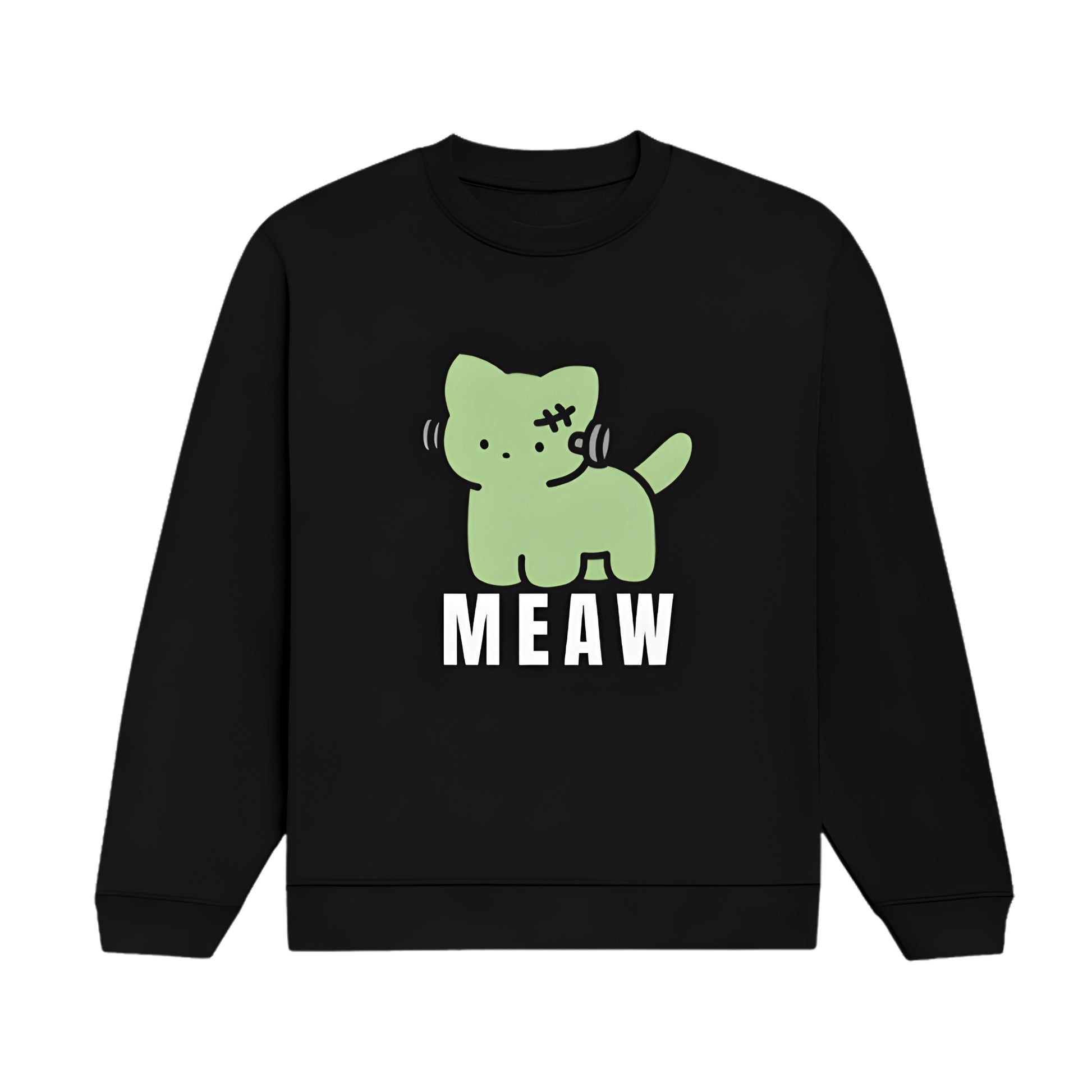 Black sweatshirt with a green cat graphic and 'MEOW' text on a white background