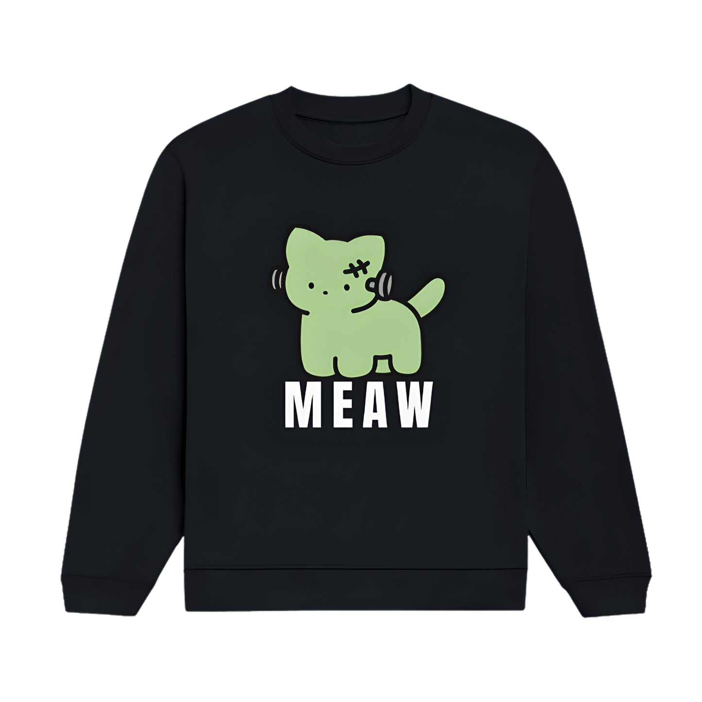 Black sweatshirt with a green cat graphic and 'MEOW' text on a white background